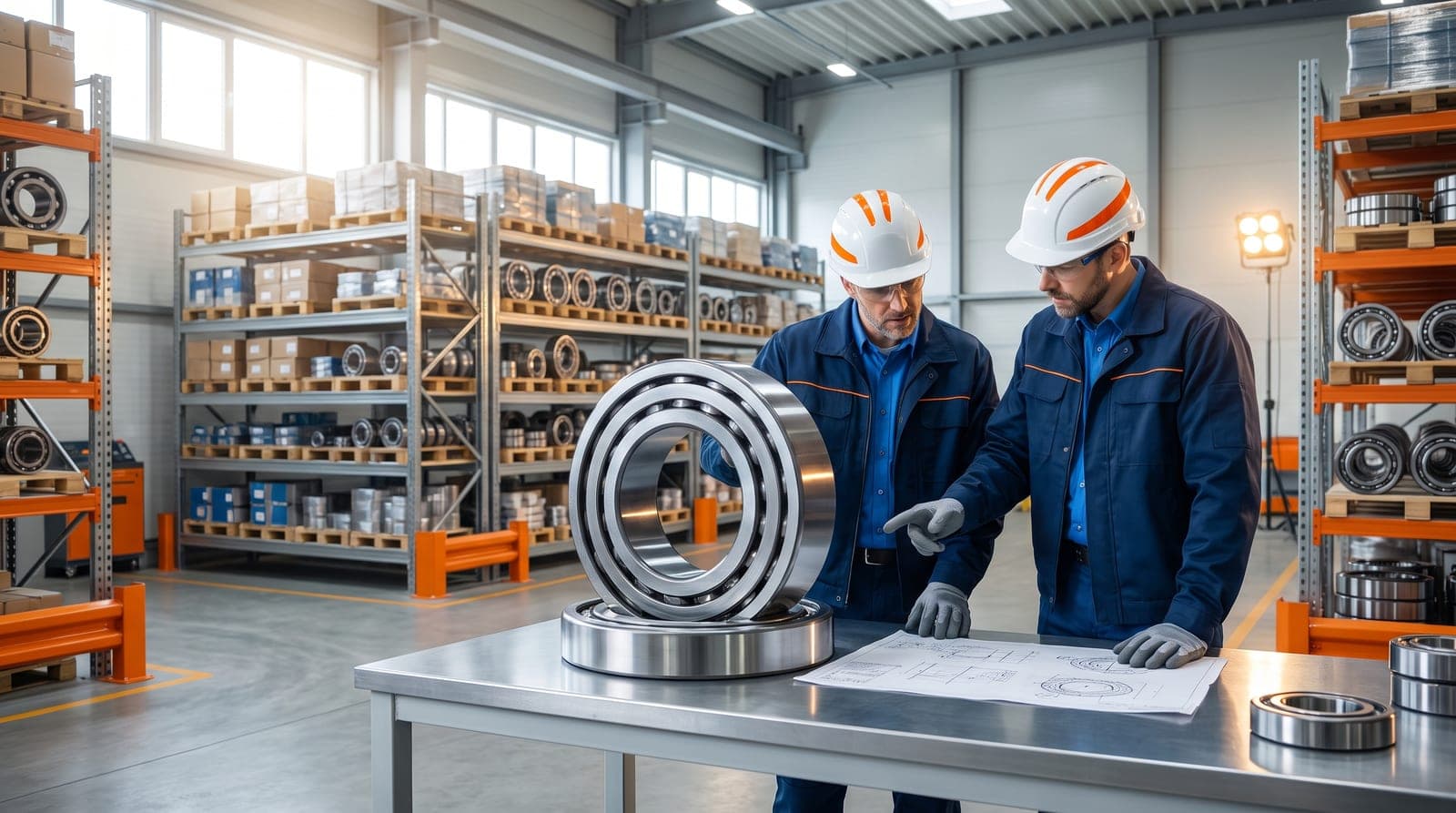Honesty Bearing engineers inspecting industrial bearings in the warehouse